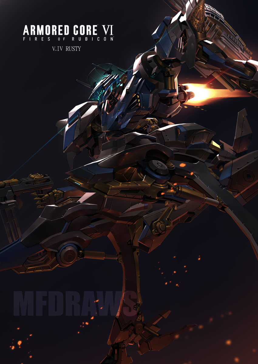 absurdres armored_core armored_core_6 artist_name assault_visor brayanong999 character_name copyright_name embers flying glowing gun highres holding holding_gun holding_weapon logo mecha no_humans robot science_fiction smoke steel_haze thrusters v.iv_rusty weapon