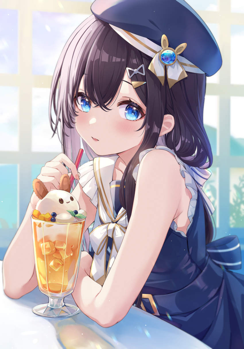 1girl ao_no_neko bare_shoulders beret black_hair blue_dress blue_eyes blue_headwear bow collarbone commentary_request dress drink drinking_straw hair_between_eyes hair_ornament hairclip hat highres ice ice_cube indoors long_hair looking_at_viewer original parted_lips sailor_collar sailor_dress sleeveless sleeveless_dress solo white_bow white_sailor_collar window