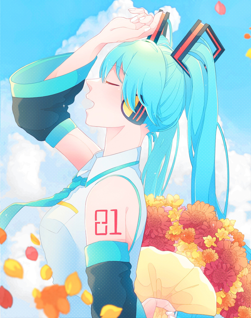 1girl 26tumugi arm_up blue_hair blue_necktie blue_sky bouquet breast_pocket closed_eyes collared_shirt detached_sleeves eyelashes flower from_side grey_shirt hatsune_miku headset highres holding holding_behind_back holding_bouquet long_hair nail_polish necktie number_tattoo open_mouth orange_flower petals pocket red_flower shirt shoulder_tattoo sky solo tattoo twintails vocaloid white_nails yellow_flower