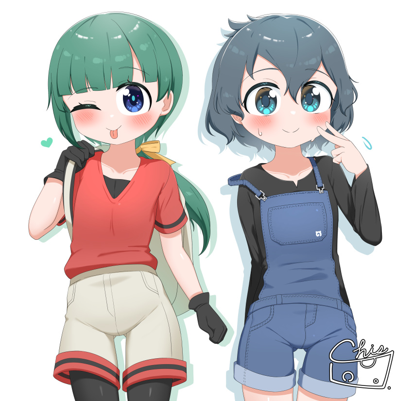 2girls absurdres animal_ears bag black_hair blue_eyes blush chis_(js60216) cosplay costume_switch gloves green_eyes green_hair highres kaban_(kemono_friends) kemono_friends kemono_friends_r long_hair looking_at_viewer multiple_girls one_eye_closed overalls ponytail red_shirt shirt short_hair shorts smile tomoe_(kemono_friends)_(niconico88059799) tongue tongue_out
