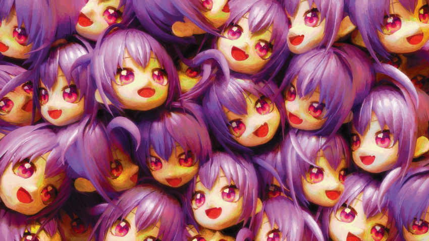 6+girls :d ahoge clone commentary english_commentary fang head_only highres looking_at_viewer multiple_girls open_mouth original purple_hair short_hair skin_fang smile too_many ufoshock violet_eyes