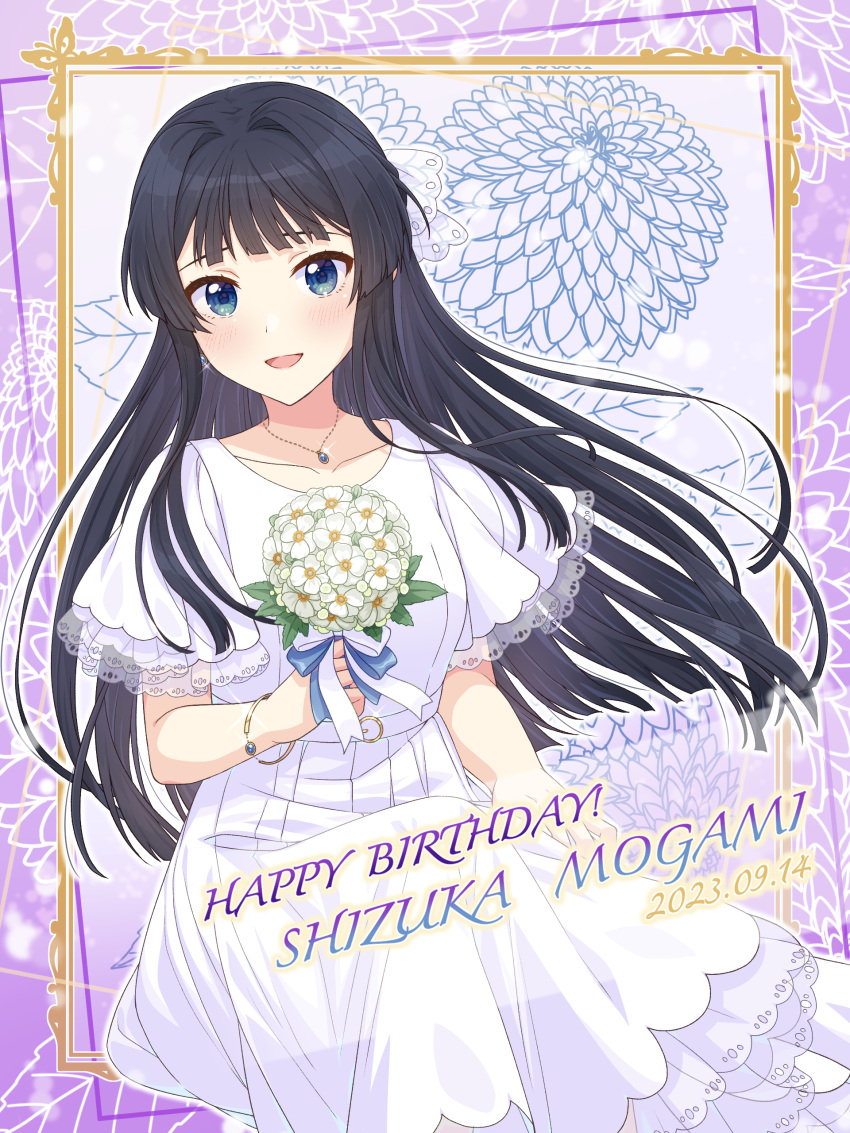1girl 2023 absurdres black_hair blue_eyes blush bouquet bow bracelet character_name collarbone dress earrings floral_background flower framed happy_birthday highres hime_cut holding holding_bouquet idolmaster idolmaster_million_live! idolmaster_million_live!_theater_days jewelry long_hair looking_at_viewer mogami_shizuka open_mouth ornate_border pendant ribbon see-through see-through_sleeves shiro_(ongrokm) smile solo