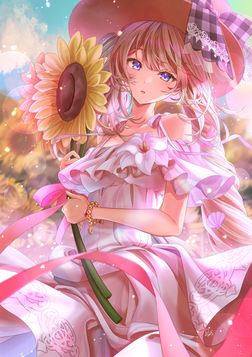 1girl absurdres artist_logo bead_bracelet beads blonde_hair blue_eyes blue_gemstone blurry blurry_background bow bracelet clouds collarbone dress drill_hair fate/grand_order fate_(series) flower gem hat hat_bow highres holding holding_flower jewelry long_hair marie_antoinette_(fate) parted_lips pink_ribbon plaid plaid_bow red_gemstone ribbon shell_hair_ornament sky solo sun_hat sunflower totomiya white_dress white_flower yellow_flower