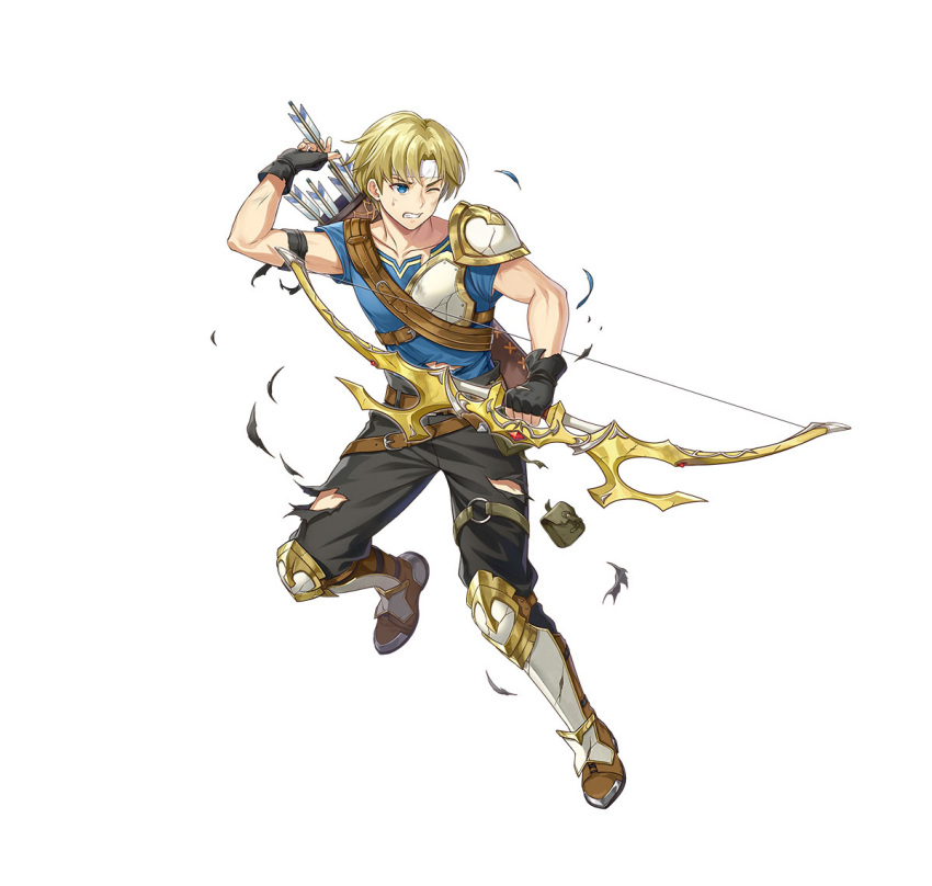 1boy blonde_hair blue_eyes brown_pants clenched_teeth febail_(fire_emblem) fingerless_gloves fire_emblem fire_emblem:_genealogy_of_the_holy_war full_body gloves headband official_art one_eye_closed pants quiver single_shoulder_pad solo teeth torn_clothes v-shaped_eyebrows white_background white_headband