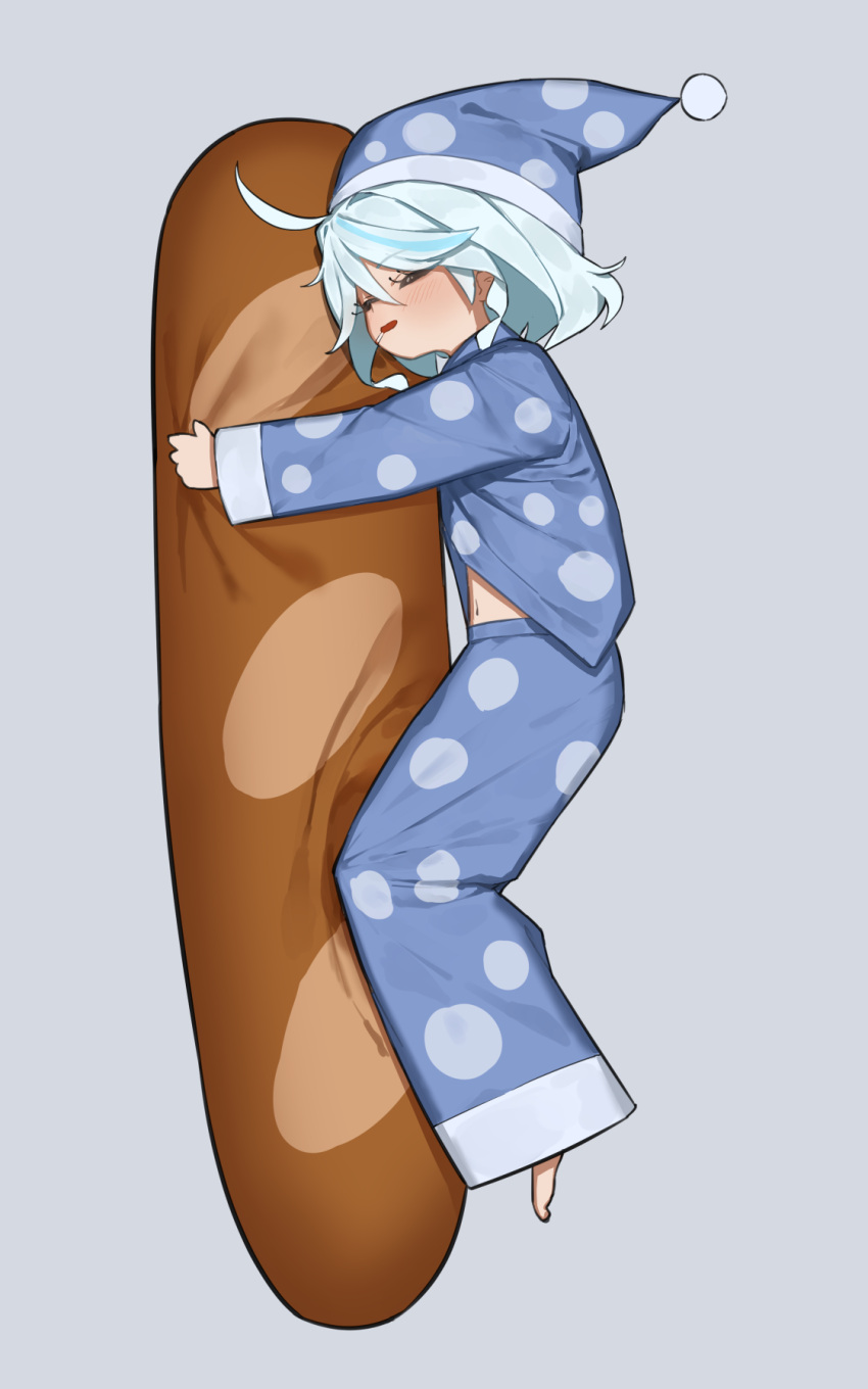 1girl ahoge barefoot blue_hair blue_headwear blue_pajamas blush closed_eyes drooling flasso furina_(genshin_impact) genshin_impact grey_background highres hugging_object light_blue_hair long_sleeves lying multicolored_hair navel on_side open_mouth pajamas pillow pillow_hug saliva simple_background sleeping solo streaked_hair