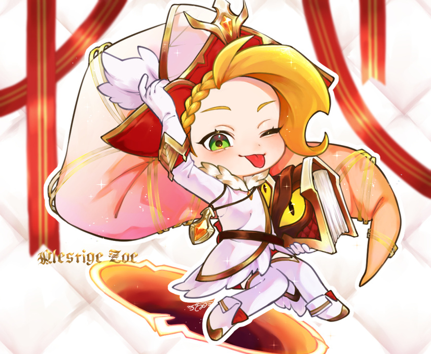 1girl ;p arm_up blonde_hair book chibi english_text gloves green_eyes highres holding holding_book jewelry league_of_legends long_hair necklace neko-me-kun official_alternate_costume one_eye_closed portal_(object) prestige_arcanist_zoe_(league_of_legends) red_background smile solo thigh-highs tongue tongue_out white_background white_footwear white_gloves white_thighhighs zoe_(league_of_legends)