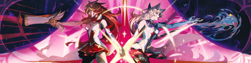 2girls absurdres ahri_(league_of_legends) aiming animal_ears bare_shoulders blonde_hair breasts brooch closed_mouth detached_sleeves fox_ears fox_girl fox_tail gun highres holding holding_gun holding_hands holding_weapon jewelry league_of_legends long_hair magical_girl medium_breasts miss_fortune_(league_of_legends) multicolored_hair multiple_girls official_alternate_costume orange_hair red_skirt redhead skirt smile songjie star_brooch star_guardian_(league_of_legends) star_guardian_ahri star_guardian_miss_fortune tail thigh-highs two-tone_hair weapon
