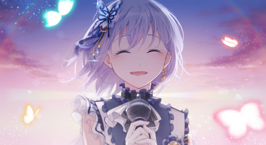 1girl ascot bang_dream! blue_brooch blush bug butterfly butterfly_hair_ornament closed_eyes dress earclip earrings facing_viewer floating_hair frilled_dress frills hair_between_eyes hair_ornament holding holding_microphone idol idol_clothes jewelry kurata_mashiro light_particles medium_hair microphone open_mouth sky smile solo toto_(sa-dosama) upper_body white_ascot white_hair