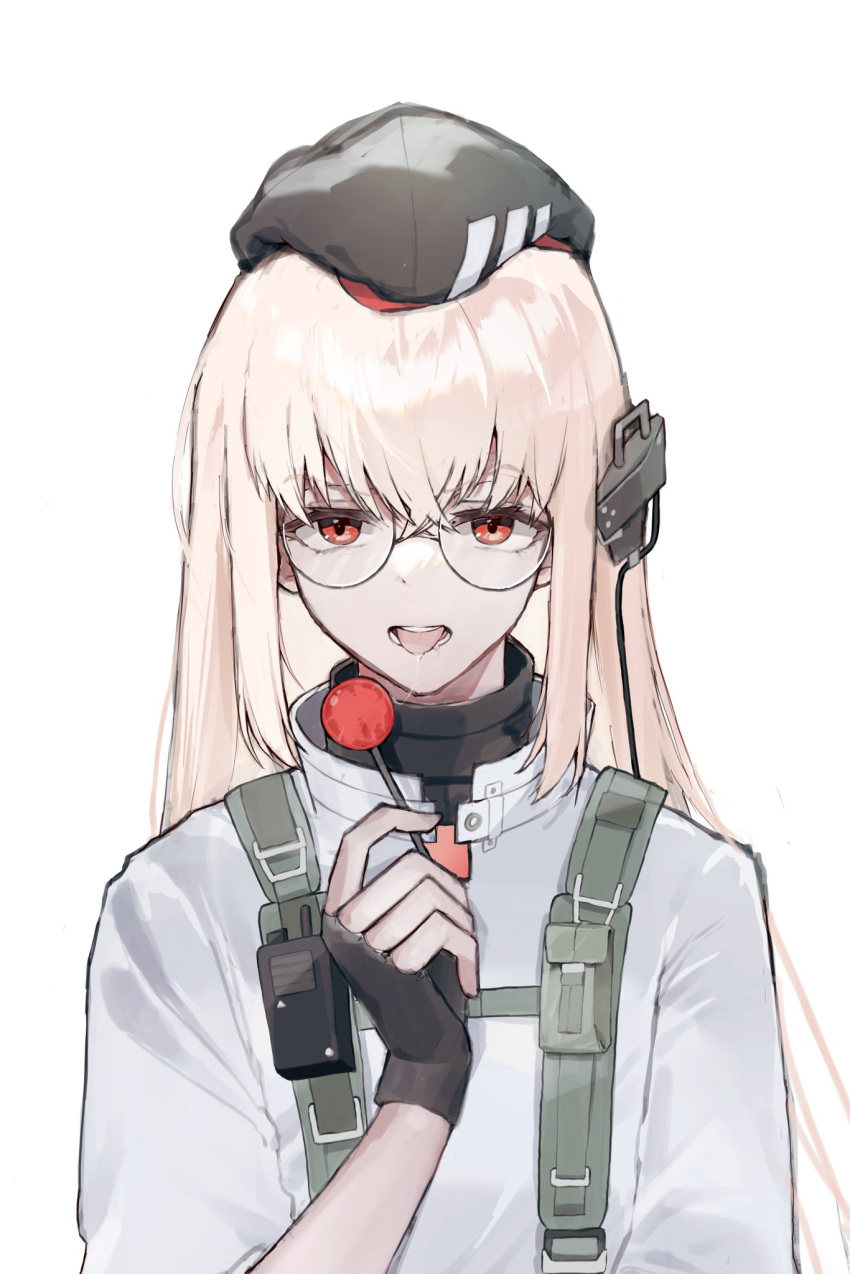 1girl beret black_headwear blonde_hair candy commentary_request food girls_frontline glasses hand_up harafrontline hat highres holding holding_candy holding_food holding_lollipop korean_commentary lollipop long_hair looking_at_viewer open_mouth saliva saliva_trail shirt simple_background solo tongue tongue_out type_80_(girls'_frontline) upper_body very_long_hair white_background white_shirt