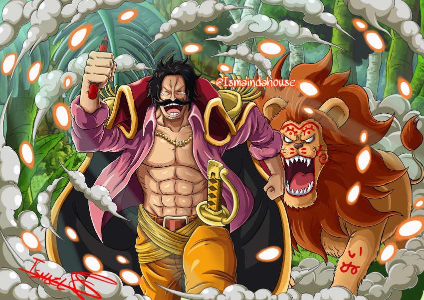 1boy abs animal artist_name black_hair drawing_on_another's_face empty_eyes facial_hair gol_d._roger happy_tears highres holding holding_marker ismaindahouse lion male_focus marker mustache one_piece open_clothes open_mouth outdoors running sharp_teeth short_hair signature smile solo spanish_commentary sword tears teeth weapon