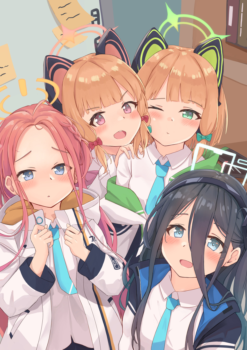 4girls :d absurdly_long_hair absurdres animal_ear_headphones animal_ears aris_(blue_archive) black_hair blue_archive blue_eyes blue_necktie blunt_bangs blurry braid cat_ear_headphones cheek-to-cheek coat collared_shirt commentary_request depth_of_field fake_animal_ears forehead from_above game_development_department_(blue_archive) green_eyes hair_between_eyes hair_ribbon hairband halo headphones heads_together highres indoors kuroliu_9021 light_brown_hair locker long_bangs long_hair long_sleeves looking_at_viewer looking_up midori_(blue_archive) momoi_(blue_archive) multiple_girls necktie one_eye_closed one_side_up open_clothes open_coat parted_bangs redhead ribbon school_uniform selfie shirt short_hair siblings sidelocks single_braid smile tress_ribbon twins very_long_hair violet_eyes white_coat white_shirt yuzu_(blue_archive)