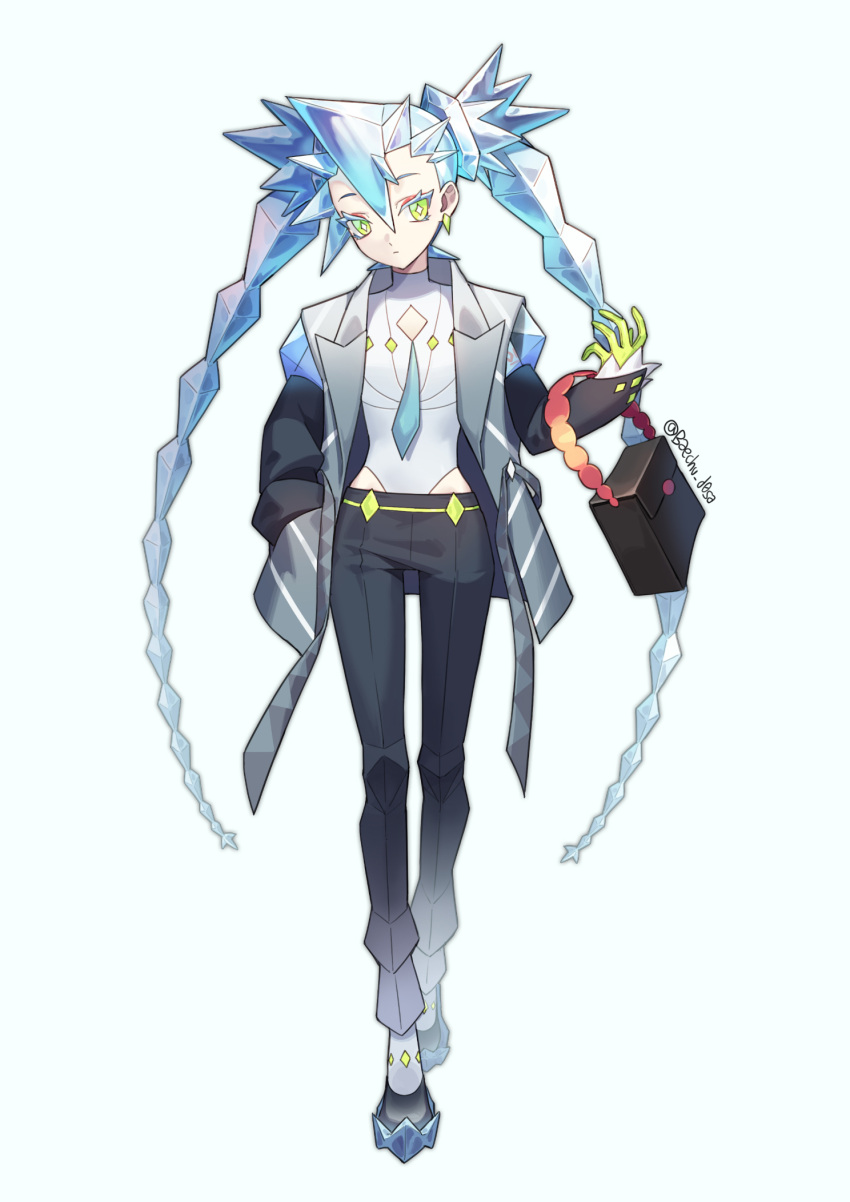 +_+ 1girl black_bag black_pants blue_hair closed_mouth commentary_request earrings eyelashes eyeshadow full_body gloves green_eyes green_gloves hair_between_eyes hand_in_pocket hatsune_miku highres jacket jewelry korean_commentary long_hair looking_at_viewer makeup mongguri open_clothes open_jacket pants project_voltage shirt shoes solo standing twintails vocaloid white_shirt