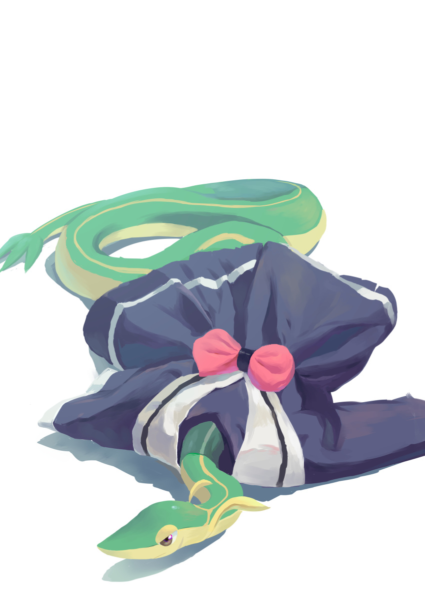 absurdres bow brown_eyes closed_mouth commentary_request frown gen_hoshi highres no_humans pink_bow pokemon pokemon_(creature) sailor_collar shirt snake snivy solo white_background