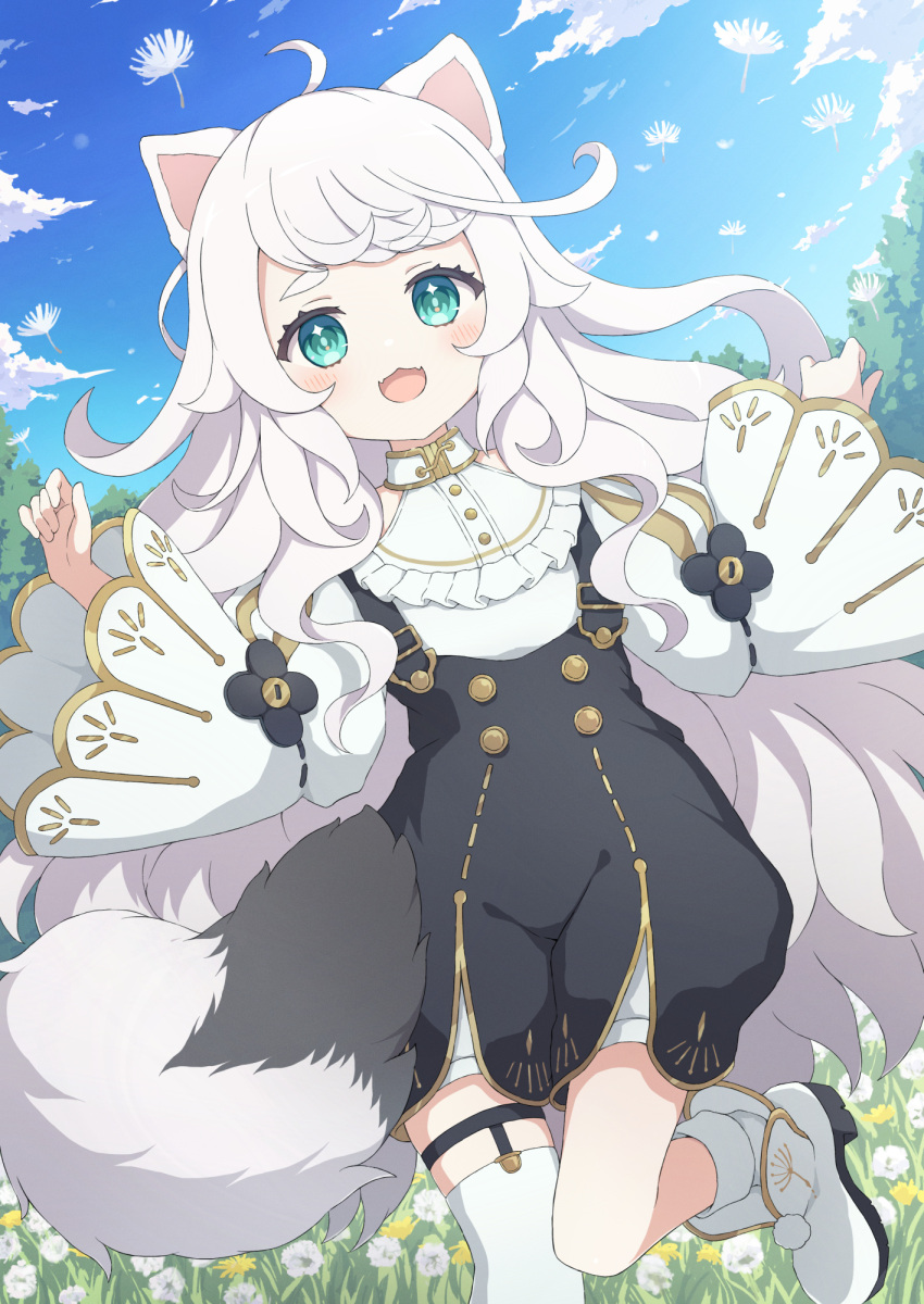 1girl animal_ears blue_sky blush buttons cat_ears cat_girl clouds cloudy_sky commission curly_hair dandelion dandelion_seed day dutch_angle fangs flower frills green_eyes highres long_hair looking_at_viewer open_mouth original outdoors running skeb_commission sky solo thick_eyebrows tyakomes white_hair wide_sleeves