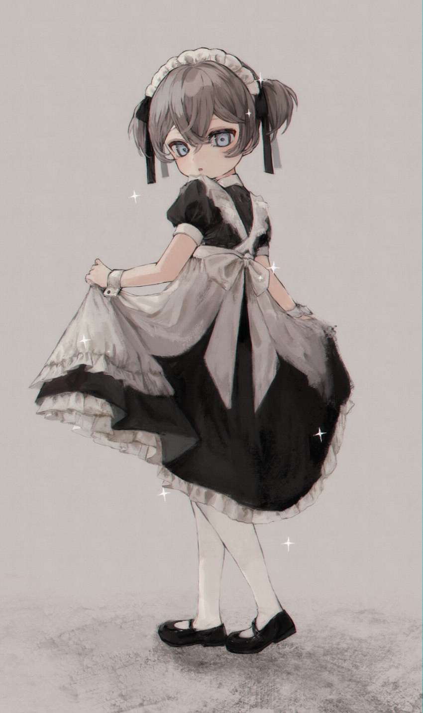 1girl absurdres apron black_dress black_footwear black_ribbon blue_eyes blush child dress expressionless grey_background grey_hair hair_between_eyes hair_ribbon highres looking_at_viewer maid maid_headdress mary_janes original pantyhose parted_lips ribbon shoes short_hair short_sleeves short_twintails skirt_hold solo sparkle tomoja_rs twintails white_apron white_pantyhose wrist_cuffs
