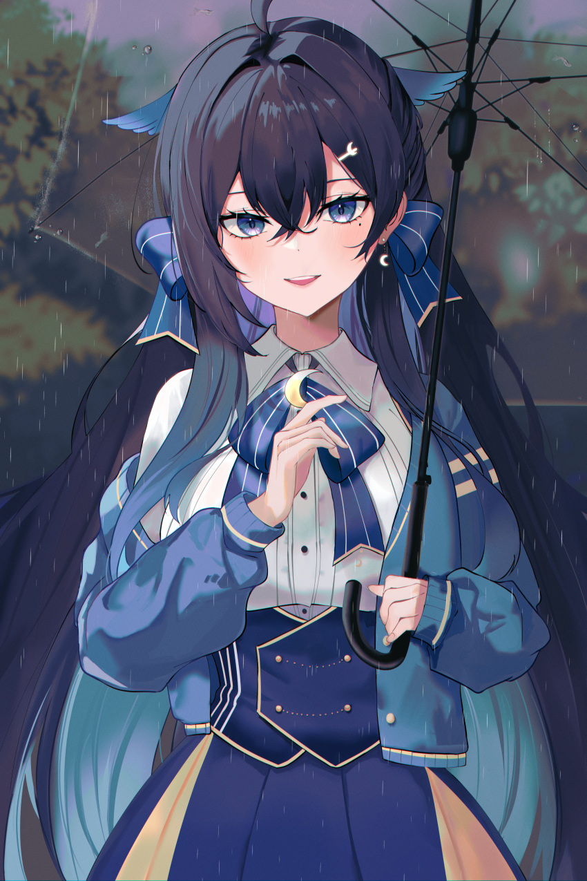 1girl absurdres ahoge black_hair blue_bow blue_bowtie blue_eyes blue_jacket blue_skirt bow bowtie breasts buttons crescent crescent_earrings crescent_necklace double-breasted earrings hair_between_eyes hair_ornament hairclip head_wings highres holding holding_umbrella indie_virtual_youtuber jacket jewelry long_hair luluna_rina necklace parted_lips rain ribbed_shirt school_uniform shirt skirt solo striped striped_bow striped_bowtie umbrella virtual_youtuber water_drop white_shirt wings xsilentred