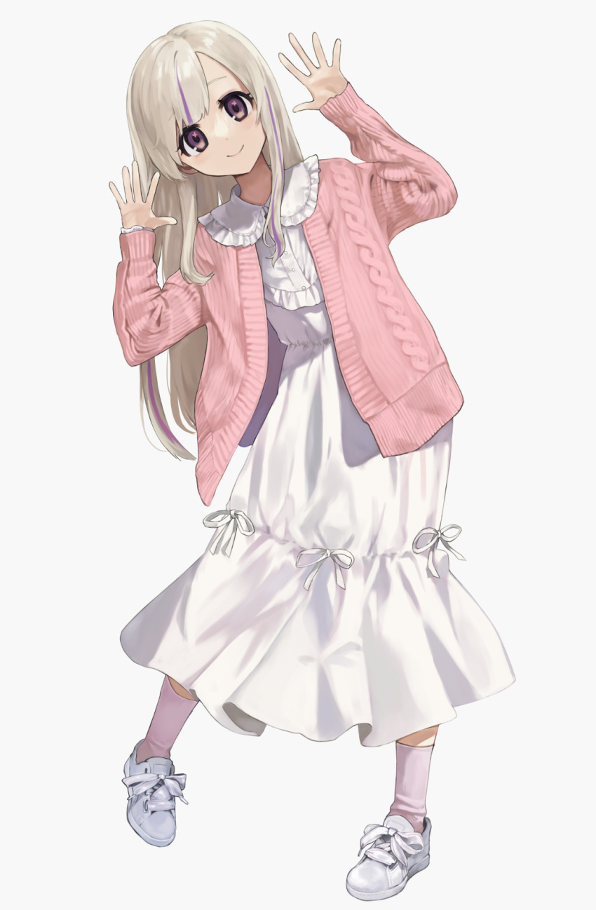 1girl arms_up brown_eyes cardigan collared_dress dress full_body grey_hair highres long_dress long_hair long_sleeves looking_at_viewer multicolored_hair nanao_mugi open_cardigan open_clothes original pink_cardigan pink_socks purple_hair shoes simple_background smile sneakers socks solo streaked_hair two-tone_hair white_background white_dress white_footwear