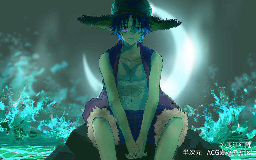 1boy absurdres artist_name bare_shoulders black_eyes black_hair chinese_text crescent_moon du_jianghongli hat highres looking_at_viewer male_focus monkey_d._luffy moon night night_sky one_piece open_clothes outdoors rock scar scar_on_cheek scar_on_chest scar_on_face short_hair shorts sitting sitting_on_rock sky sleeveless solo straw_hat water waves
