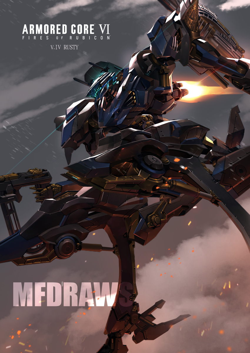 absurdres armored_core armored_core_6 artist_name assault_visor brayanong999 character_name copyright_name embers flying glowing gun highres holding holding_gun holding_weapon logo mecha no_humans robot science_fiction smoke steel_haze thrusters v.iv_rusty weapon