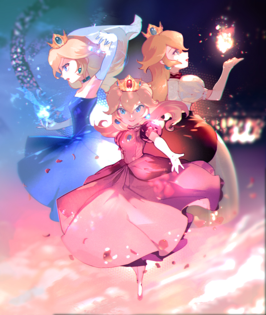 1girl blonde_hair blue_dress blue_eyes bridal_veil choker commentary_request crown dress earrings elbow_gloves fireball gloves highres higuchi_megumi jewelry lipstick looking_at_viewer makeup multiple_views outstretched_arm petals pink_dress pink_footwear princess_peach super_mario_bros. the_super_mario_bros._movie veil white_dress white_gloves