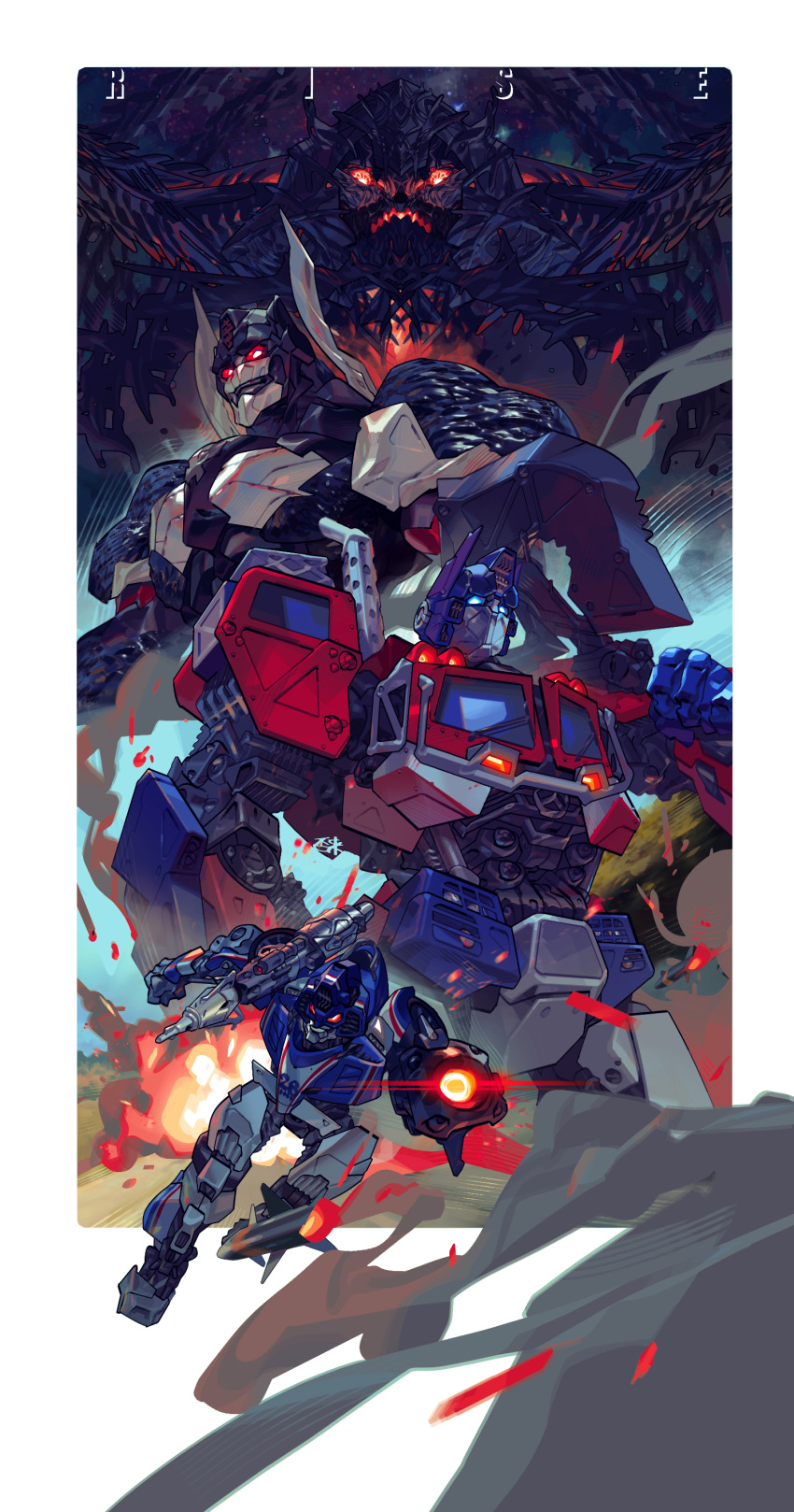 absurdres arm_cannon autobot beast_wars beast_wars:_transformers blue_eyes clenched_hand frown glowing glowing_eyes highres inaki_shinrou looking_down looking_to_the_side looking_up mecha mirage_(transformers) missile optimus_primal optimus_prime orange_eyes red_eyes robot running sword sword_on_back transformers transformers:_rise_of_the_beasts transformers_(live_action) unicron weapon weapon_on_back