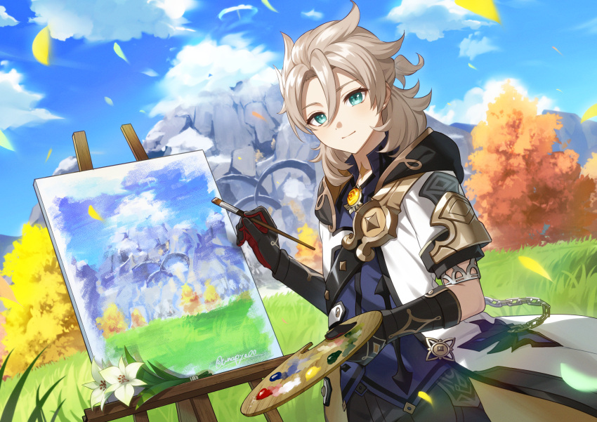 1boy absurdres albedo_(genshin_impact) black_gloves blue_eyes blue_shirt blue_sky blush closed_mouth clouds coat day flower genshin_impact gloves grey_hair highres holding hood hood_down hooded_coat leaf looking_at_viewer male_focus mountain outdoors paintbrush painting_(object) palette_(object) scar scar_on_neck shirt sky solo tree twitter_username unapoppo vision_(genshin_impact) white_flower