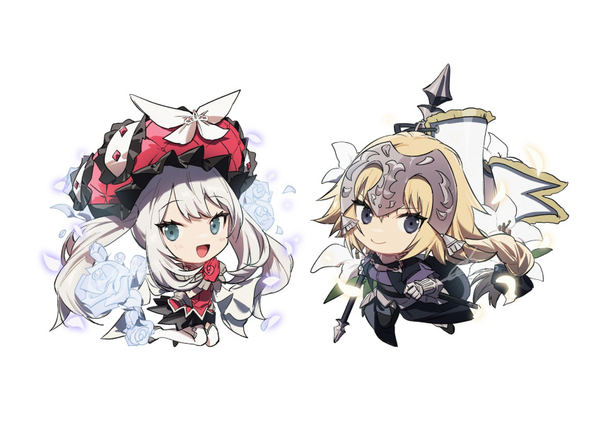 2girls armor blonde_hair bow braid chibi dress fate/apocrypha fate/grand_order fate_(series) faulds flower frilled_headwear gauntlets gloves grey_eyes grey_flower grey_hair grey_rose hat hat_bow headpiece highres holding jeanne_d'arc_(fate) jeanne_d'arc_(ruler)_(fate) long_hair marie_antoinette_(fate) multiple_girls no-kan open_mouth plackart red_gloves red_headwear sleeveless sleeveless_dress smile standard_bearer thigh-highs twintails white_flower white_thighhighs