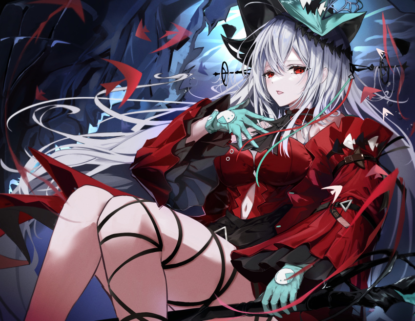 1girl arknights breasts clothing_cutout commentary dress fish gloves green_gloves grey_hair highres long_hair long_sleeves looking_at_viewer medium_breasts mo_komo_momo navel_cutout parted_lips pointy_hat red_dress red_eyes skadi_(arknights) skadi_the_corrupting_heart_(arknights) solo thigh_strap thighs tropical_fish underwater
