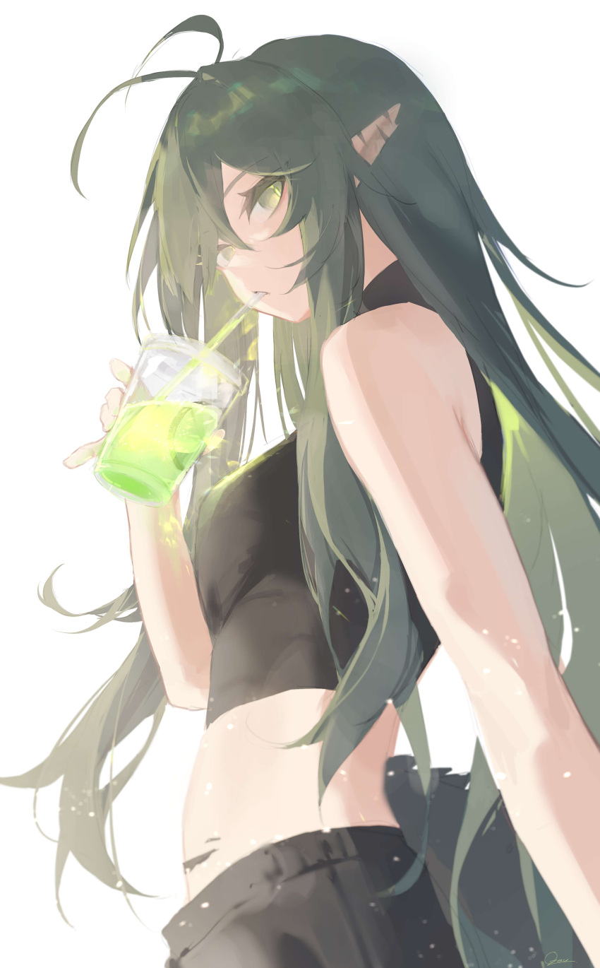 1girl absurdres antenna_hair arknights bare_shoulders black_shirt breasts commentary_request crocodilian_tail cup drinking drinking_straw from_side gavial_(arknights) green_eyes green_hair hair_between_eyes highres holding holding_cup long_hair looking_at_viewer midriff oripathy_lesion_(arknights) ozeu0916 pointy_ears shirt simple_background sleeveless sleeveless_shirt slit_pupils small_breasts solo straight_hair tail very_long_hair white_background