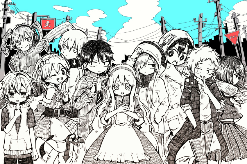 5boys 5girls :d adjusting_hood amamiya_hibiya apron arm_at_side arm_up arrow_(symbol) arrow_print bangs_pinned_back belt bow bright_pupils casual children_record_(vocaloid) cityscape clenched_hand closed_mouth clouds coat collared_dress collared_jacket commentary cowboy_shot day detached_sleeves double-parted_bangs dress ene_(kagerou_project) enpera feet_out_of_frame finger_to_mouth frilled_apron frilled_dress frilled_sleeves frills from_side frown greyscale_with_colored_background group_picture hair_bow hair_ornament hair_over_one_eye hairband hairclip hand_in_pocket highres hood hood_down hood_up hooded_coat hooded_jacket hooded_jumpsuit hoodie idol_clothes index_finger_raised jacket jitome kagerou_project kano_shuuya kido_tsubomi kisaragi_momo kisaragi_shintarou konoha_(kagerou_project) kozakura_marry long_bangs long_hair looking_at_another looking_at_viewer looking_down looking_to_the_side miniskirt momiji-chan_(mawi) multicolored_clothes multicolored_dress multiple_boys multiple_girls neck_warmer neckerchief no_sclera one_side_up open_clothes open_coat outdoors outstretched_arm own_hands_together pants parted_lips partially_unzipped pedestrian_lights pleated_skirt pocket pointing pointing_up power_lines print_hoodie ribbon road_sign scarf seto_kousuke short_hair short_sleeves sign single_stripe skirt sleeveless sleeveless_dress sleeveless_jacket sleeves_past_elbows sleeves_past_fingers sleeves_past_wrists smile stop_sign striped striped_jacket sweater tateyama_ayano teeth track_jacket twintails upper_teeth_only very_long_sleeves wind winter_uniform