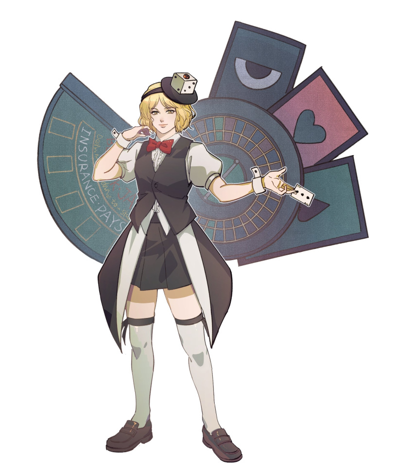 1other androgynous between_fingers black_hairband black_ribbon black_skirt black_trim black_vest blonde_hair bow bowtie brown_footwear card casino_card_table center_frills chin chinese_commentary closed_mouth commentary_request dice_hair_ornament eye_of_senri frills full_body hair_ornament hairband hand_in_own_hair heart highres holding holding_card leg_ribbon len'en looking_at_viewer miniskirt playing_card pleated_skirt puffy_short_sleeves puffy_sleeves red_bow red_bowtie ribbon sdz_(inazuma) shirt shoes short_hair short_sleeves skirt smile spade_(shape) table thigh-highs thigh_ribbon v-neck vest white_background white_shirt white_thighhighs white_wrist_cuffs xeno_a yellow_eyes