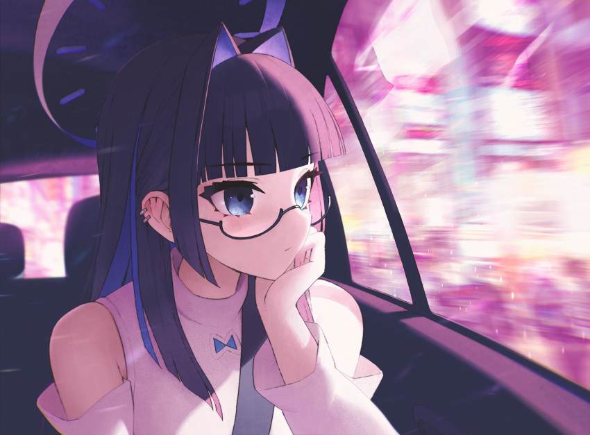 1girl bare_shoulders blue_eyes blue_hair blunt_bangs car_interior closed_mouth clothing_cutout colored_inner_hair commentary ear_piercing expressionless glasses hair_intakes halo hand_on_own_chin highres hololive hololive_english juffles long_hair long_sleeves multicolored_hair official_alternate_costume ouro_kronii ouro_kronii_(3rd_costume) piercing purple_hair semi-rimless_eyewear shoulder_cutout solo under-rim_eyewear upper_body