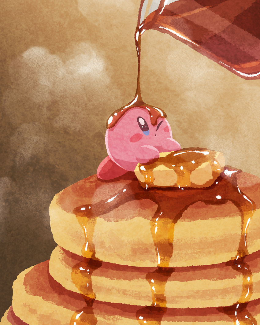butter food food_focus highres kirby kirby_(series) maple_syrup miclot no_humans one_eye_closed pancake pancake_stack syrup