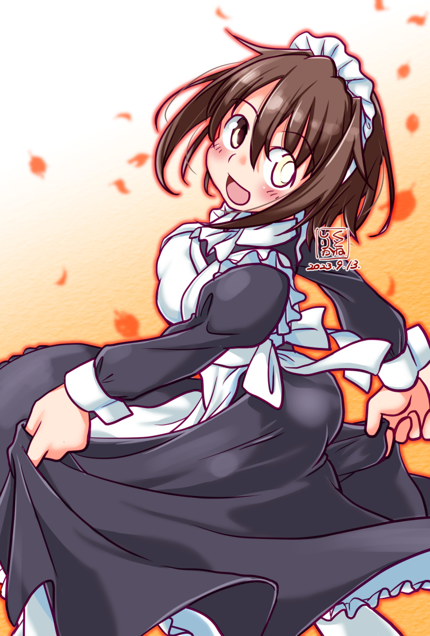 1girl :d apron brown_hair clothes_lift dated dress frilled_hairband frills furutaka_(kancolle) glowing glowing_eye hairband heterochromia highres kantai_collection kutone_shirika looking_at_viewer looking_back maid maid_apron open_mouth short_hair skirt skirt_lift smile yellow_eyes