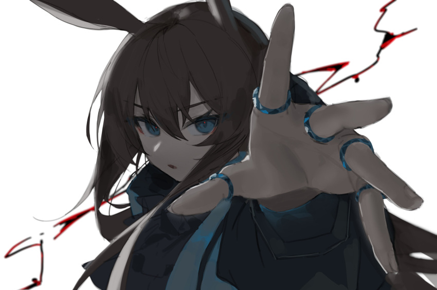 1girl absurdres amiya_(arknights) animal_ears arknights ascot black_ascot blue_eyes brown_hair commentary_request fingernails hair_between_eyes highres jewelry long_hair long_sleeves multiple_rings open_mouth originium_arts_(arknights) ozeu0916 rabbit_ears reaching reaching_towards_viewer ring simple_background solo thumb_ring very_long_hair white_background
