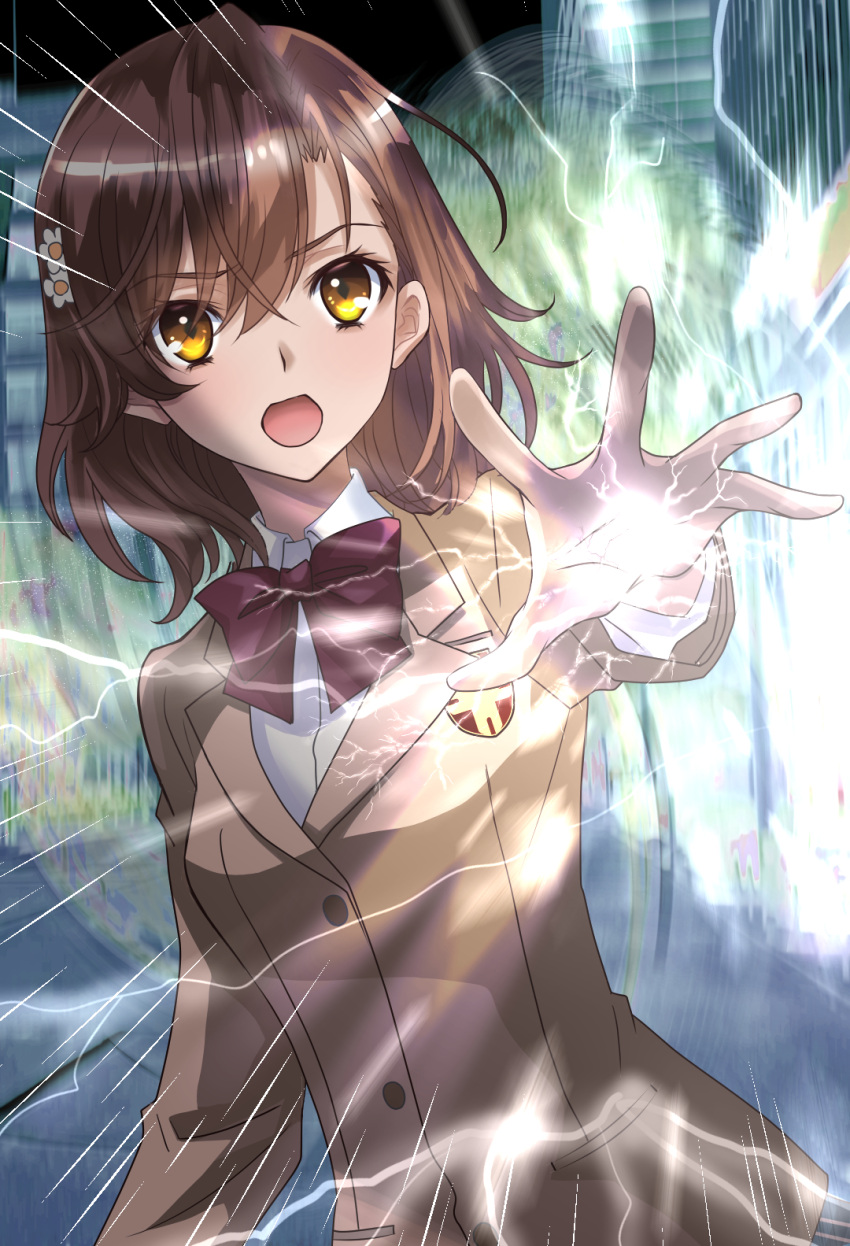 1girl bow bowtie brown_hair brown_jacket commentary_request electricity emphasis_lines flower hair_between_eyes hair_flower hair_ornament highres jacket long_sleeves looking_at_viewer medium_hair misaka_mikoto open_mouth outstretched_arm red_bow red_bowtie school_uniform shirt solo tacchin_ichi-gou toaru_kagaku_no_railgun toaru_majutsu_no_index tokiwadai_school_uniform upper_body white_shirt wing_collar yellow_eyes