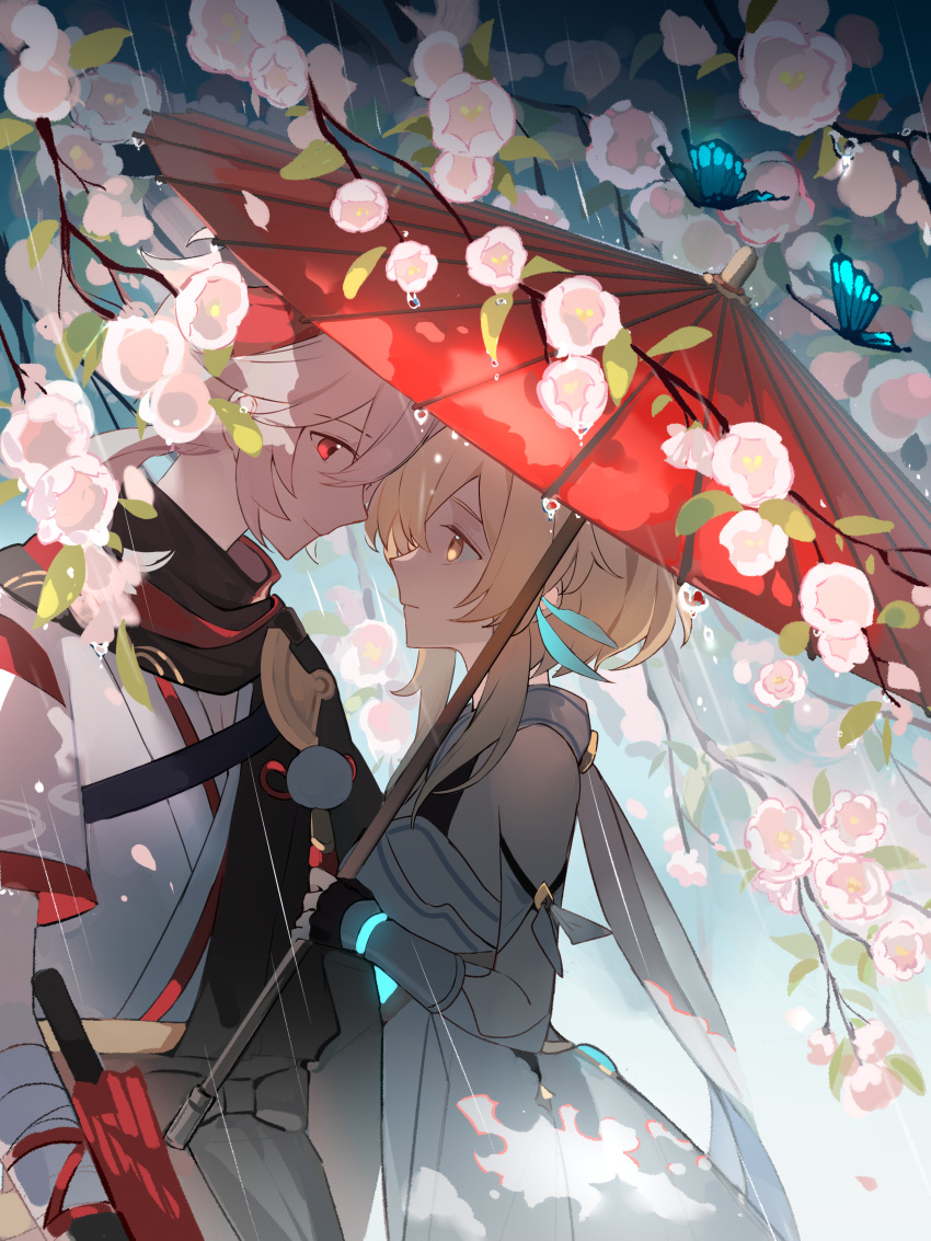 1boy 1girl absurdres blonde_hair blue_butterfly bug butterfly facing_another flower genshin_impact hetero highres holding holding_umbrella hoxino japanese_clothes kaedehara_kazuha looking_at_another low_ponytail lumine_(genshin_impact) multicolored_hair pink_flower pink_rose rain red_eyes redhead rose short_hair short_hair_with_long_locks umbrella white_hair yellow_eyes