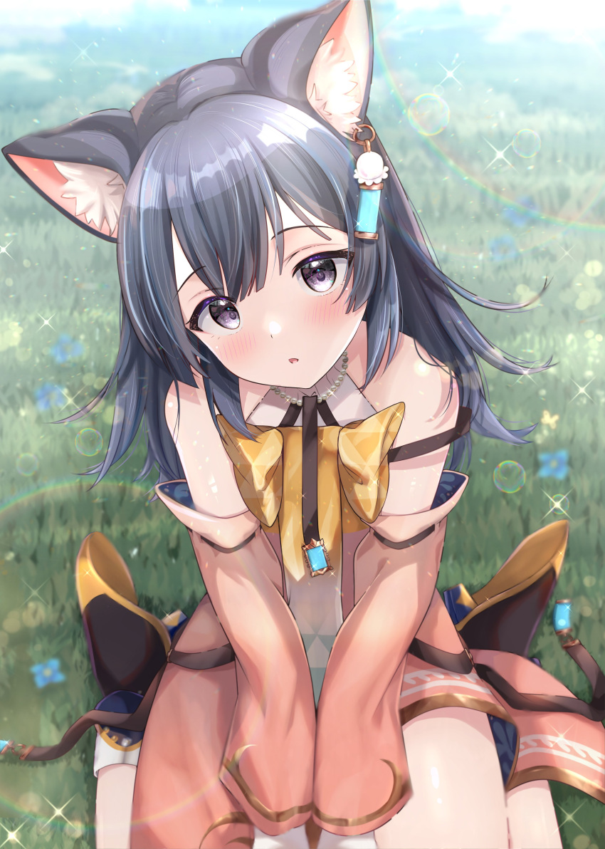 1girl :o absurdres animal_ear_fluff animal_ears atelier_(series) atelier_resleriana bell bell_earrings black_footwear black_hair blush bow cat_ears cat_girl detached_sleeves dress earrings grey_eyes hair_between_eyes highres izana_kokoschka jewelry lens_flare looking_at_viewer maruma_(maruma_gic) necklace on_grass open_mouth pearl_necklace pink_dress promotional_art single_earring sitting solo sparkle wariza yellow_bow