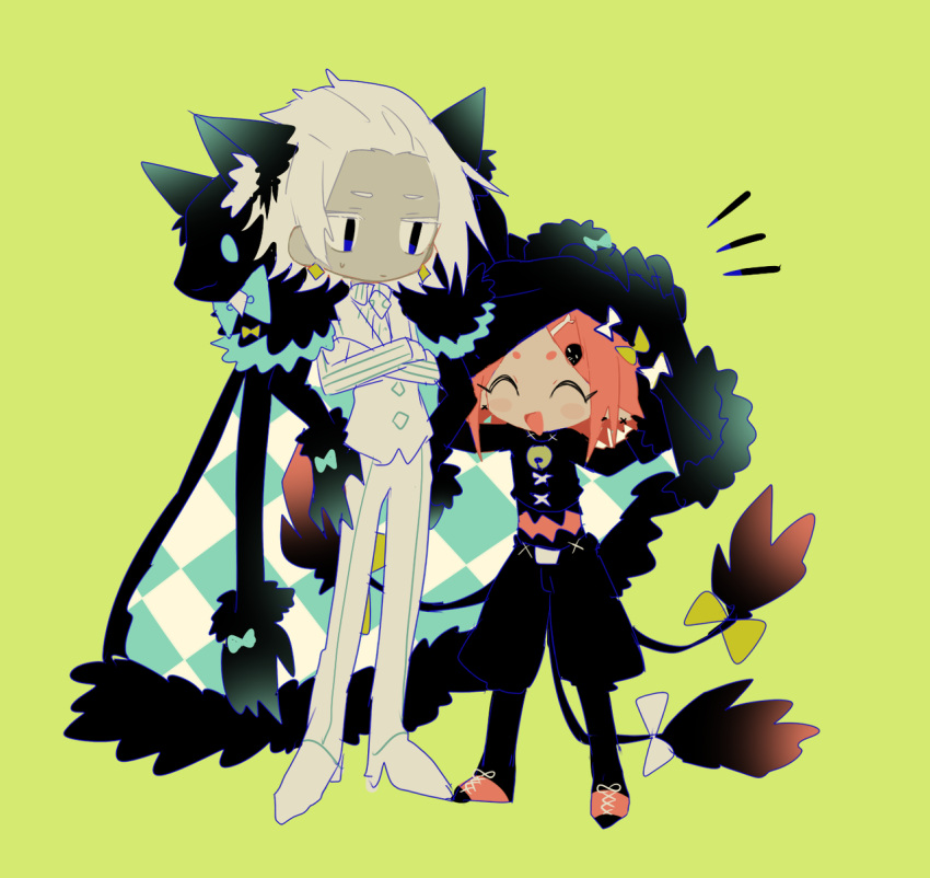 1boy 1girl ^_^ animal_ears bell black_pants black_shirt blue_eyes bone_hair_ornament bow cape cat_boy cat_ears closed_eyes closed_mouth crossed_arms earrings fur-trimmed_cape fur_trim green_background green_bow hair_ornament height_difference highres jewelry multiple_tails no_nose open_mouth orange_hair original pants shirt short_hair simple_background sketch skull_hair_ornament smile striped striped_shirt sweat tail tail_bow tail_ornament usagi_nui vest white_bow white_footwear white_hair white_pants white_shirt white_vest