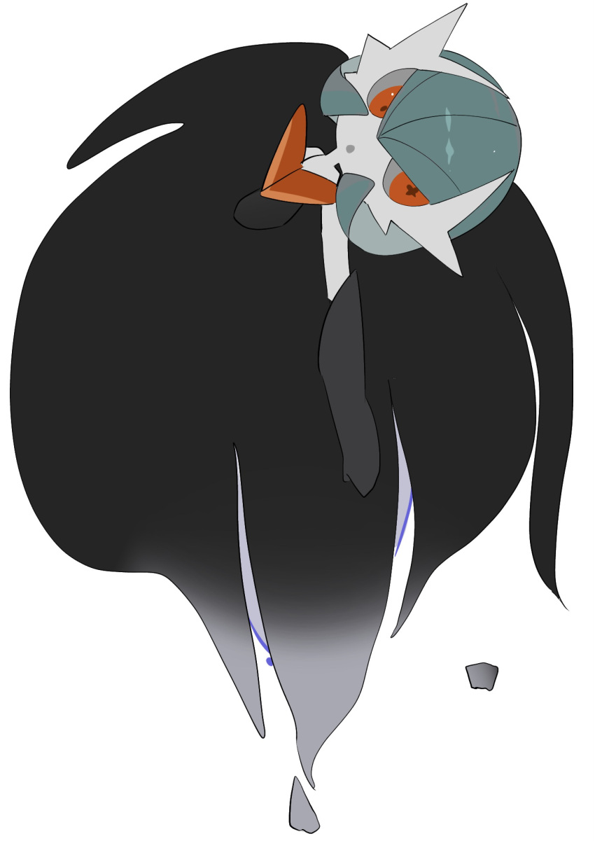 +_+ 1girl alternate_color black_dress black_gloves blue_hair bob_cut colored_skin commentary dress elbow_gloves full_body gardevoir gloves hair_between_eyes highres long_dress looking_at_viewer mega_gardevoir mega_pokemon open_mouth pokemon pokemon_(creature) red_eyes shiny_pokemon short_hair sideways simple_background solo strapless strapless_dress white_background white_skin zen_(koko)