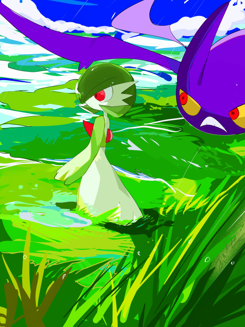 1girl bat_(animal) blue_sky bob_cut closed_mouth clouds colored_sclera colored_skin commentary crobat dew_drop dot_mouth from_side gardevoir get grass green_hair green_skin hair_over_one_eye highres looking_at_another looking_to_the_side multicolored_skin one_eye_covered pokemon pokemon_(creature) red_eyes short_hair sky standing tall_grass teeth two-tone_skin water_drop white_skin yellow_sclera zen_(koko)