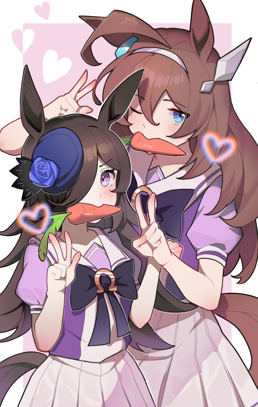 2girls ahoge animal_ears blue_eyes blue_flower blue_rose blush border bow bowtie brown_hair carrot commentary_request double_v eucalyptus_(zrnf5228) flower hair_between_eyes hair_ornament hair_over_one_eye hairband hat hat_flower heart highres horse_ears horse_girl horse_tail horseshoe_ornament long_hair looking_at_viewer mihono_bourbon_(umamusume) mouth_hold multiple_girls one_eye_closed pink_background pleated_skirt puffy_short_sleeves puffy_sleeves purple_bow purple_bowtie purple_serafuku purple_shirt rice_shower_(umamusume) rose sailor_collar sailor_shirt school_uniform serafuku shirt short_sleeves simple_background skirt smile summer_uniform tail tilted_headwear tracen_school_uniform umamusume v violet_eyes white_border white_hairband white_skirt