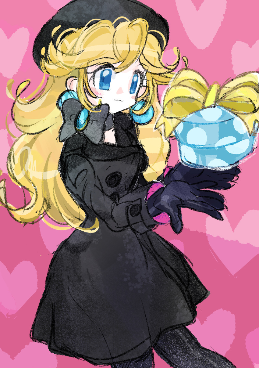 1girl absurdres alternate_costume beret black_bow black_choker black_coat black_gloves black_headwear black_pantyhose blonde_hair blue_eyes blue_gemstone blush_stickers bow bow_choker buttons choker closed_mouth coat collared_coat commentary_request earrings eyelashes gem gift gloves hat heart heart_background highres holding holding_gift jewelry long_hair long_sleeves looking_at_object pantyhose pink_background polka_dot princess_peach rakugaki_shitagari-ya smile sphere_earrings super_mario_bros. yellow_bow