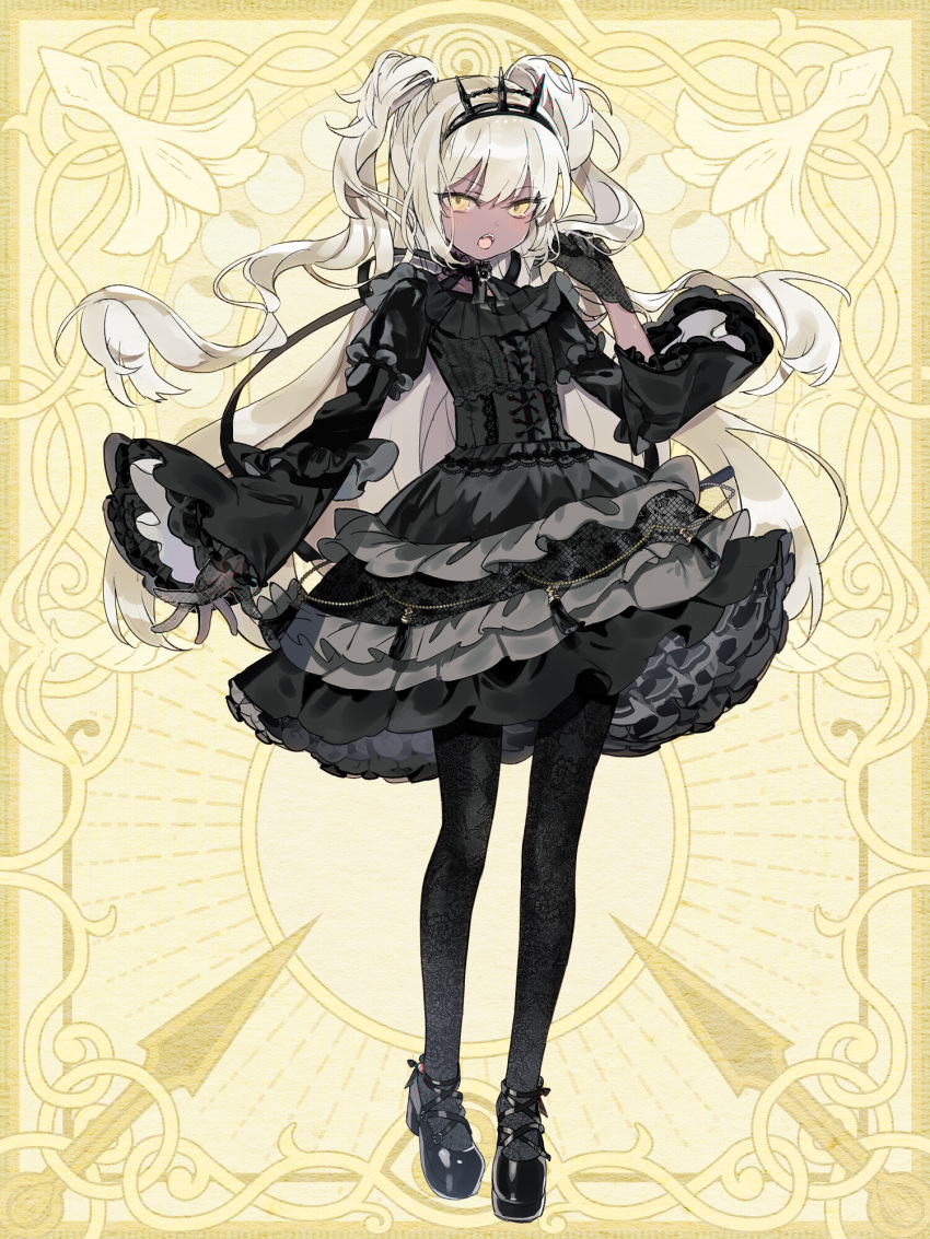 alexandra_lieven black_dress black_footwear black_gloves black_hairband black_pantyhose blonde_hair chain_paradox dark-skinned_female dark_skin dress frilled_dress frills full_body gloves gothic_lolita hairband highres lolita_fashion long_hair long_sleeves looking_at_viewer mp_cookie open_mouth pantyhose solo standing two_side_up very_long_hair yellow_background yellow_eyes