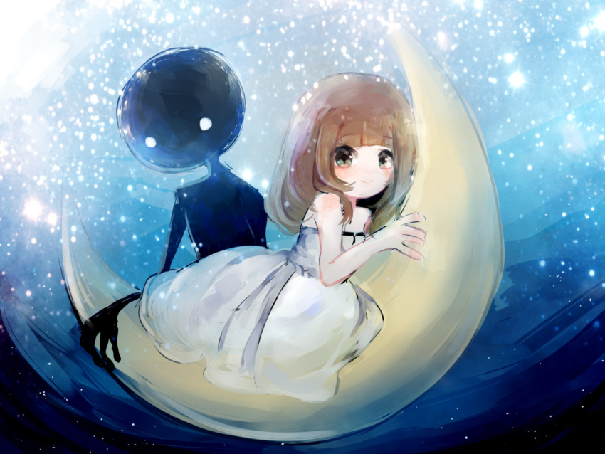 1boy 1girl bare_shoulders blush brown_hair closed_eyes commentary crescent_moon deemo deemo_(character) dress girl_(deemo) green_eyes long_dress long_hair looking_at_viewer moon night night_sky on_moon sitting sky sleeveless sleeveless_dress smile solid_circle_eyes star_(sky) suzune_hapinesu symbol-only_commentary white_dress white_eyes