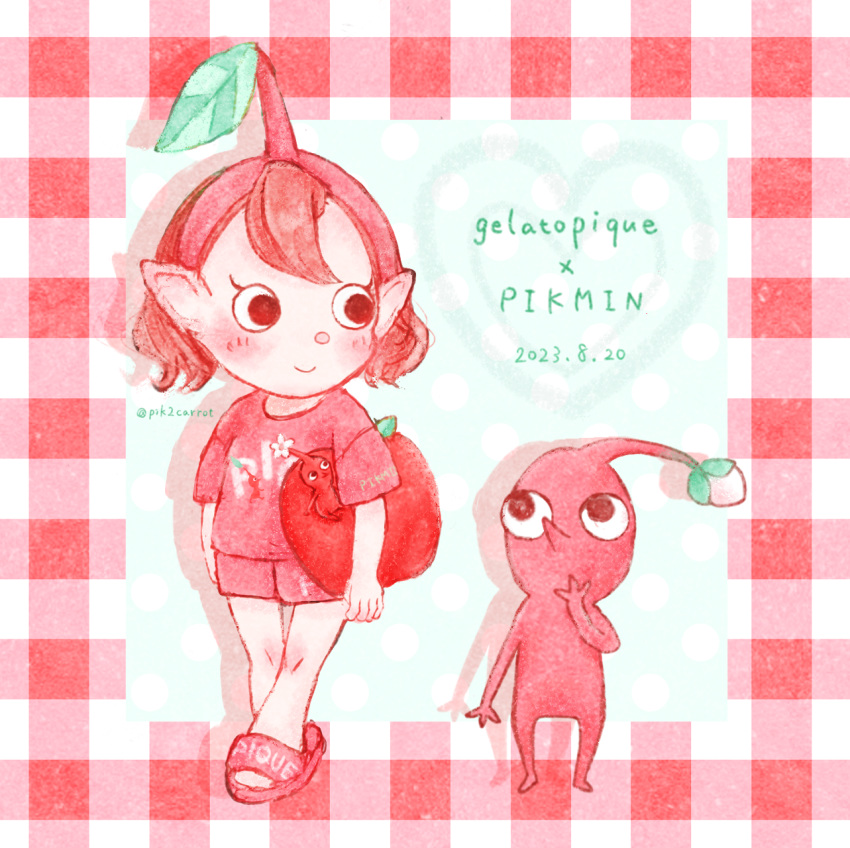 1girl alien alternate_costume apple black_eyes border colored_skin commentary_request dated english_text eyelashes flower food fruit hairband hand_on_own_chin highres holding holding_food holding_fruit kotorihiiragi leaf looking_at_another no_mouth pikmin_(creature) pikmin_(series) pikmin_4 plaid_border pointy_ears pointy_nose protagonist_(pikmin_4) red_border red_footwear red_hairband red_pikmin red_shirt red_shorts red_skin red_theme redhead sandals shadow shirt short_hair short_sleeves shorts t-shirt twitter_username white_background white_flower