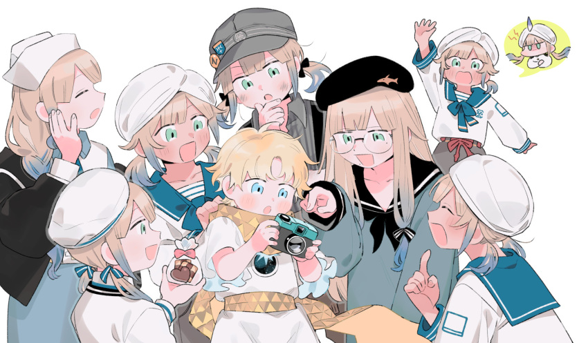 3girls 6+boys arm_up baker_nemo_(fate) beret black_headwear black_sailor_collar blonde_hair blue_eyes blue_sailor_collar blush braid camera captain_nemo_(fate) checkerboard_cookie collarbone cookie dirty dirty_face engineer_nemo_(fate) fate/grand_order fate_(series) food gradient_hair green_eyes grey_shirt hat hat_feather heart-shaped_cookie highres holding-bag long_sleeves mole mole_under_eye mole_under_mouth multicolored_hair multiple_boys multiple_girls nemo_(fate) nurse_nemo_(fate) oneroom-disco open_mouth pointing pointing_at_viewer professor_nemo_(fate) robe round_eyewear sailor_collar scarf shirt short_hair short_twintails suspenders turban twintails voyager_(fate) white_headwear white_robe white_shirt yellow_scarf