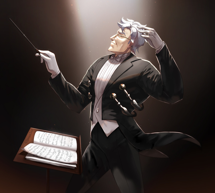 2020 baton black_suit conductor gloves highres music overwatch sheet_music sigma_(overwatch) suit twitter_username white_gloves white_hair
