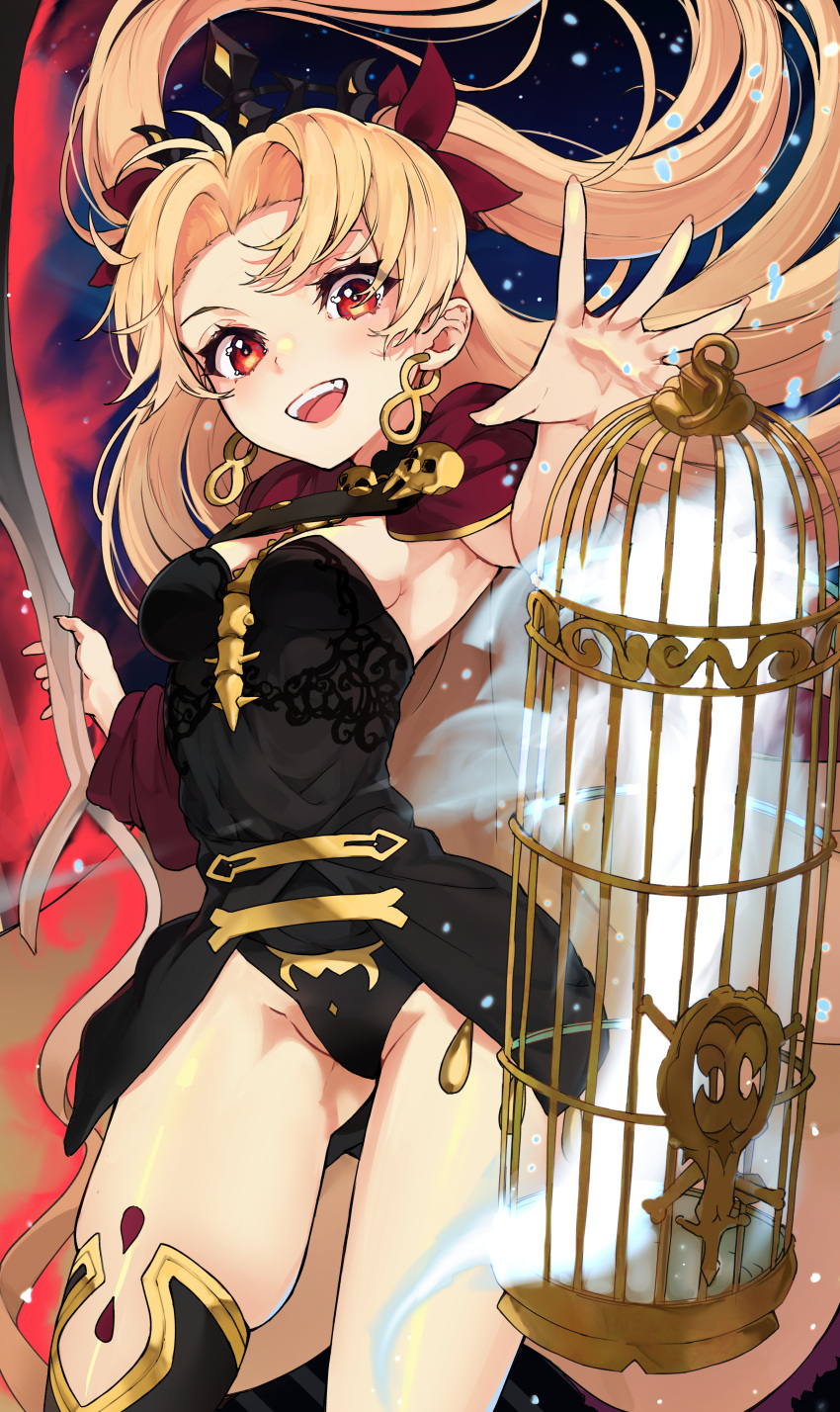 1girl absurdres black_dress black_thighhighs black_tiara blonde_hair cage cape commentary dress earrings ereshkigal_(fate) fate/grand_order fate_(series) hair_ribbon highres hitodama hoop_earrings jewelry long_hair looking_at_viewer meslamtaea_(weapon) minus_zero night night_sky open_mouth red_cape red_eyes red_ribbon ribbon single_thighhigh skull skull_brooch sky smile solo spine star_(sky) starry_sky thigh-highs