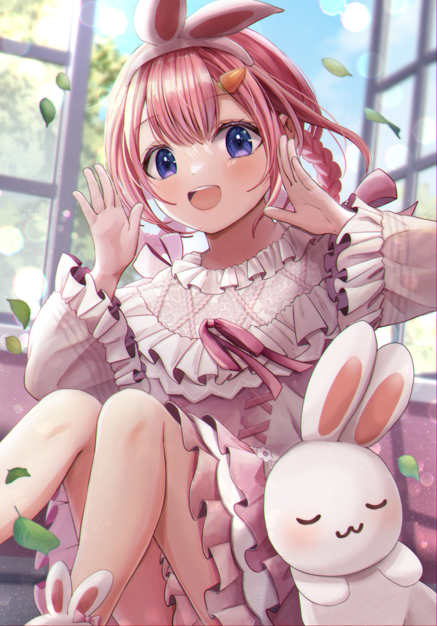 1girl blush braided_hair_rings cross-laced_clothes cross-laced_dress food-themed_hair_ornament frilled_nightgown hair_ornament highres kashiwagi_touko nightgown nijisanji official_alternate_costume rabbit sitting smile solo suo_sango suo_sango_(2nd_costume) virtual_youtuber